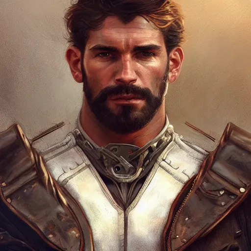 Image similar to portrait of a rugged ranger, handsome, muscular, half body, leather, smirk, fantasy, intricate, elegant, highly detailed, digital painting, artstation, concept art, smooth, sharp focus, illustration, art by artgerm and greg rutkowski and alphonse mucha