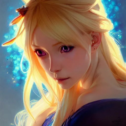 Prompt: portrait of a beautiful cute blonde nisekoi with big blue eyes, fantasy, intricate, elegant, highly detailed, digital painting, artstation, concept art, smooth, sharp focus, illustration, art by artgerm and greg rutkowski and alphonse mucha