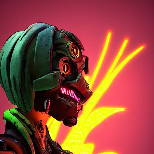 Image similar to cyberpunk fashion, character design humanoid, borderlands 3 style, profile portrait, concept art character modeling, body made of green lava and fire, marvelous designer, z brush, maya, digital 3 d, 4 k, epic size, epic scale, ultra detailed digital art, furry art, macro art, deviantart, realistic