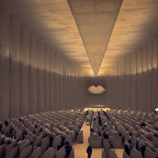 Image similar to octane render, inside the grand hall of a stunning giant huge brutalist cement palace, a giant floating screaming face made out of swirling colorful glowing particles, a huge crowd of people in black cult robes kneeling down, cinema 4 d, volumetric lighting and shadows, fog, moody, atmospheric, 8 k