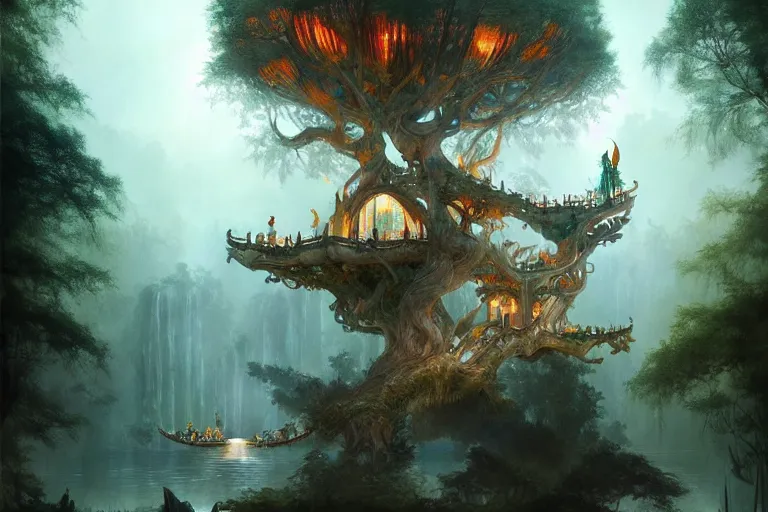 Prompt: treehouse from gaudi in a deep mystical forest , floating chinese lampoons, lake, waterfall, tall people walking and discussing, dynamic lighting, art by peter mohrbacher on artstation, mix with rivendell architecture, night mood