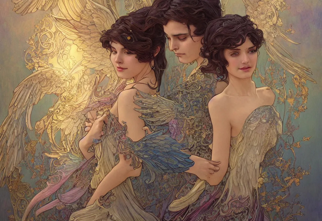 Prompt: a couple with wings, highly detailed, very intricate, art nouveau, gold filigree, romantic storybook fantasy, soft cinematic lighting, award - winning, disney concept art watercolor illustration by mandy jurgens and alphonse mucha and alena aenami, pastel color palette, featured on artstation