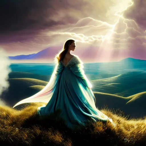 Image similar to royalty angel, big wings, argentina, natalie portman, hudson river school, max rive, full plate armor, f 1 6, bokeh, gentle, female, snowy mountain, storm clouds, god rays, close up portrait, d & d, fantasy, elegant, teal pink white gold color palette, concept art, roger deakins and greg rutkowski and alphonse mucha