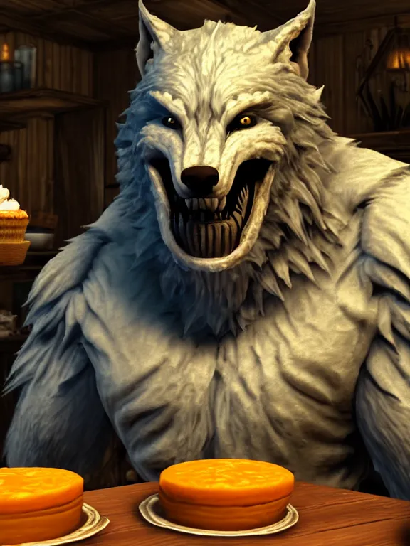 Prompt: cute handsome cuddly burly surly relaxed calm timid werewolf from van helsing sitting down at the breakfast table in the kitchen of a normal suburban home having fun baking cupcakes with orange frosting unreal engine hyperreallistic render 8k character concept art masterpiece screenshot from the video game the Elder Scrolls V: Skyrim