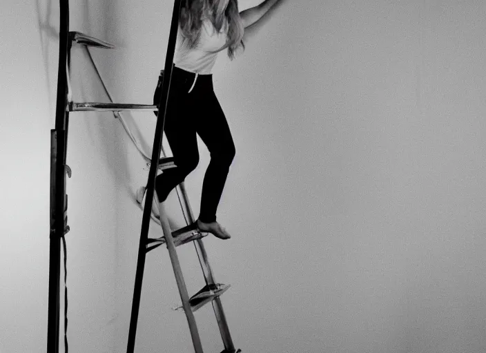 Prompt: photo still of tuesday weld climbing a ladder, 8 k, studio lighting bright ambient lighting key light, 8 5 mm f 1. 8