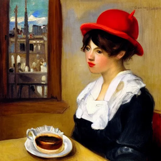 Prompt: fancy cow with a red hat on her head sitting in front of a parisian coffee shop drinking coffee, eugène delacroix painting, 4k, realistic,