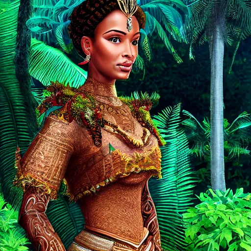 Image similar to a regal brown woman wearing an intricate dewdop armor. very detailed. woman is surrounded by lush green tropical forest. extremely photorealistic.