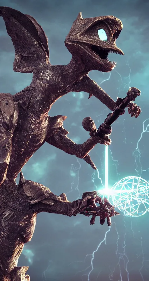 Image similar to an anthropomorphic machine bird reptile rodent hybrid wearing fantasy garments wielding the ancient laser sword excalibur, on an lush radiant alien planet during a storm, large platonic solids, in the style of boris vellejo, julie bell, leng jun, fantasy, science fiction, 3 d sculpture octane render 8 k