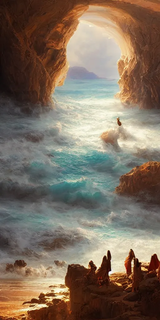 Image similar to biblical moses splitting the sea, beautiful composition, wide angle, colorful, cinematic, volumetric lighting, intricate details painting, by art germ, by greg rutkowski