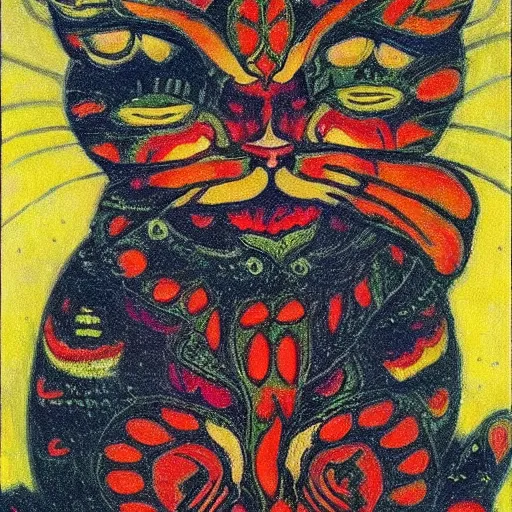 Prompt: a fire cat, louis wain,