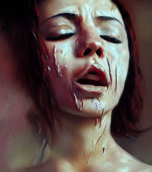 Image similar to high quality high detail painting by alberto mielgo and jaime jones, crying woman, cinematic, hd