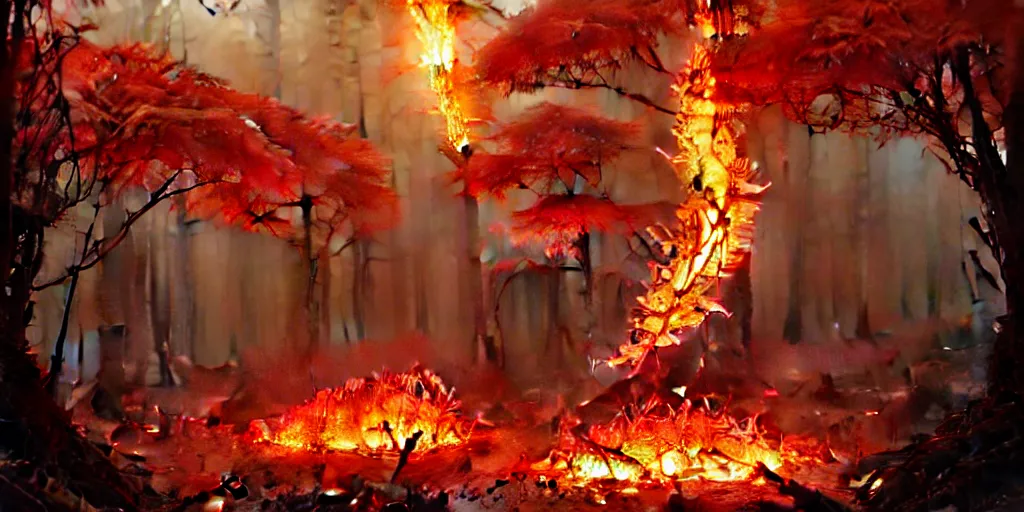 Image similar to A flaming forest , flaming leaves,Magma,flame stones are scattered, flame ferns, flame shrubs, huge flame Fantasy plant,covered in flame porcelain vine, artstation,by Jakub Rozalski, Greg Rutkowski,anthony avon
