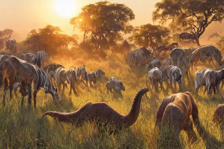 Image similar to a herd of pentasaurus grazing in a warm, sun-filled Savannah at the golden hour, water color, art by artgerm and greg rutkowski and alphonse mucha and jin xiaodi and anthony devine