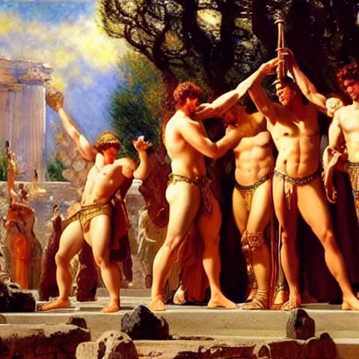 Image similar to hercules watches achilles while they wait in line to worship at zeus'feet, throne of olympus, heavenly marble, gods and goddesses in elegant clothes, painting by gaston bussiere, craig mullins, j. c. leyendecker, tom of finland, claude monet