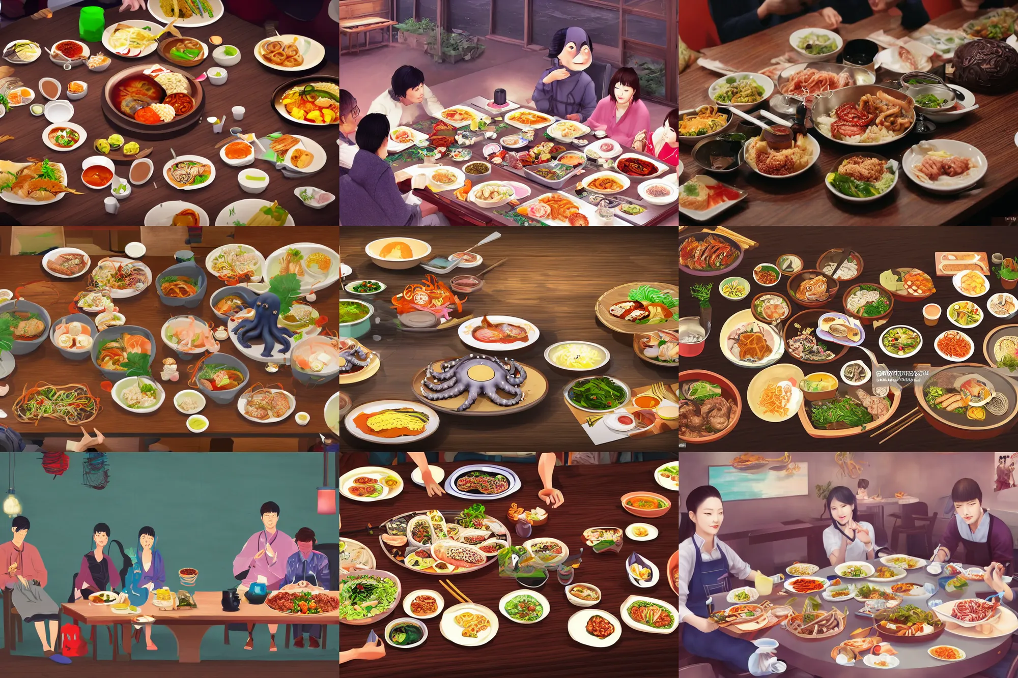 Prompt: korean supper, people sit around table, octopus sit on chair, very realistic, high detailed, cinematic frame