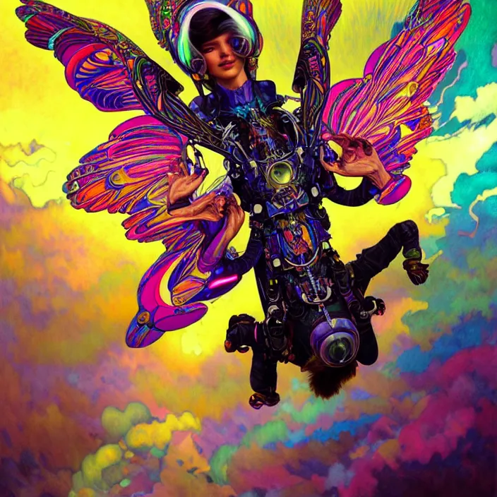 Image similar to bright psychedelic portrait of organic skydiving cyborg with wings, diffuse lighting, fantasy, intricate, elegant, highly detailed, lifelike, photorealistic, digital painting, artstation, illustration, concept art, smooth, sharp focus, art by John Collier and Albert Aublet and Krenz Cushart and Artem Demura and Alphonse Mucha