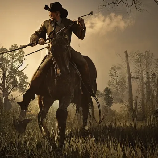 Prompt: vladimir putin as cowboy hunter in hunt showdown