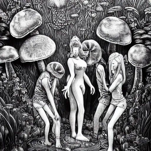 Image similar to mushroom goddess with group of elders, discussing the new season of friends, cynical realism, hiroya oku intricate penwork, yoshitaka amano, chris cunningham, black and white, beautiful lighting, manga in the style of drummond, 3 d render, 8 k