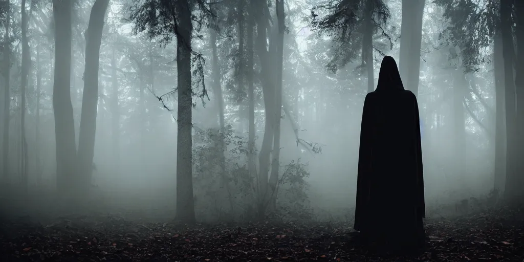 Image similar to a close shot of a grim reaper standing in a forest, detailed, style of flooko, mythical, mist, depressing, tired, dark, lush, nature, mist, mystery, glows, somber, dismal, fog, heavy fog, dark lighting, rim light, glow, ambient light, cybernetic, sci-fi,