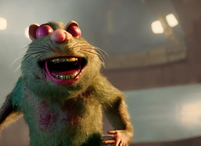 Image similar to film still of rat fink in the new scifi movie, 4 k