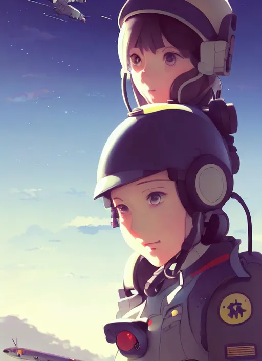 Image similar to portrait of cute pilot girl, smoky sky background, lush landscape, illustration concept art anime key visual trending pixiv fanbox by wlop and greg rutkowski and makoto shinkai and studio ghibli and kyoto animation, soldier clothing, military gear, airplane robot, war machine, sky girls series