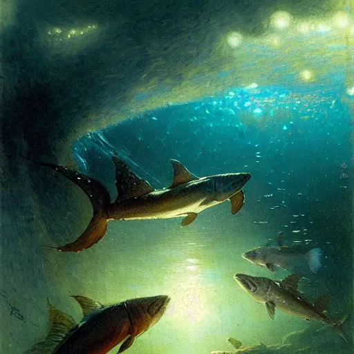 Image similar to point of view of deep in the ocean looking up, you see fishes, higher up you see the milk way, night time. highly detailed painting by gaston bussiere, greg rutkowski 8 k