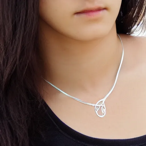 Image similar to amulet of wave inlaid in silver, on a young beautiful woman neck, realistic, clean,