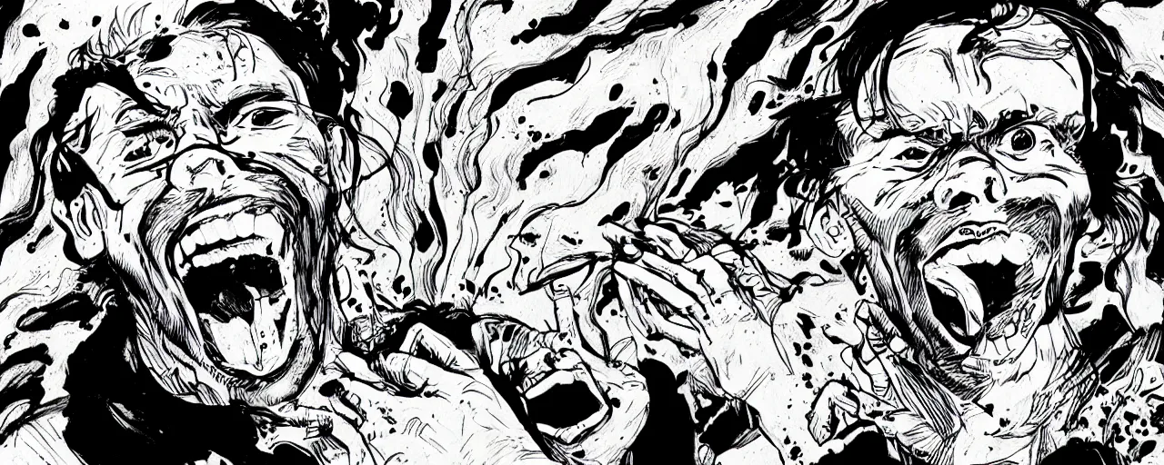 Image similar to portrait of a mad man screaming bursting black ink in style of josan gonzales,