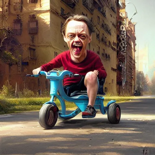 Image similar to hyper realistic absurd, silly, making faces, steve buscemi riding a tiny tricycle, painted by greg rutkowski, wlop, artgerm