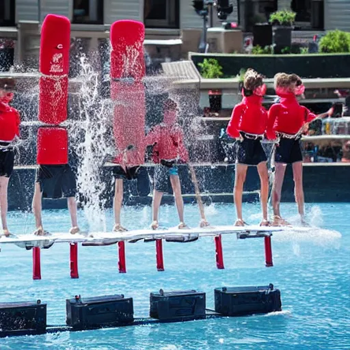 Image similar to Highly detailed professional photography of tesla bots doing a human pyramid while water skiing