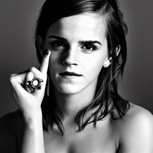 Image similar to A photo of tough looking emma watson. she has rings on his fingers. 50 mm.