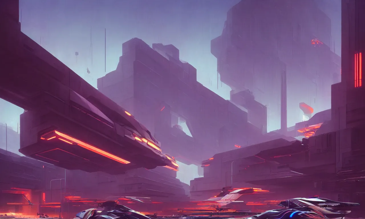 Image similar to simple brutalist architecture, colorful neon lighting, flying vehicles, greg rutkowski, syd mead, ralph mcquarrie, concept art, matte painting, highly detailed, rule of thirds, dynamic lighting, cinematic, detailed, denoised, centered