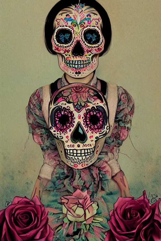 Image similar to Illustration of a sugar skull day of the dead girl, art by scott listfield