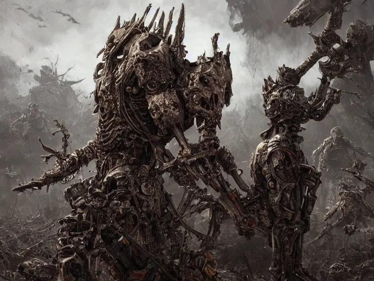 Prompt: photo of 8k ultra realistic undead army, vast landscape, detailed intricate ornate armour,decaying, cybernetic, full of colour, cinematic lighting, battered, trending on artstation, 4k, hyperrealistic, focused, extreme details,unreal engine 5, cinematic, masterpiece, art by ayami kojima, giger