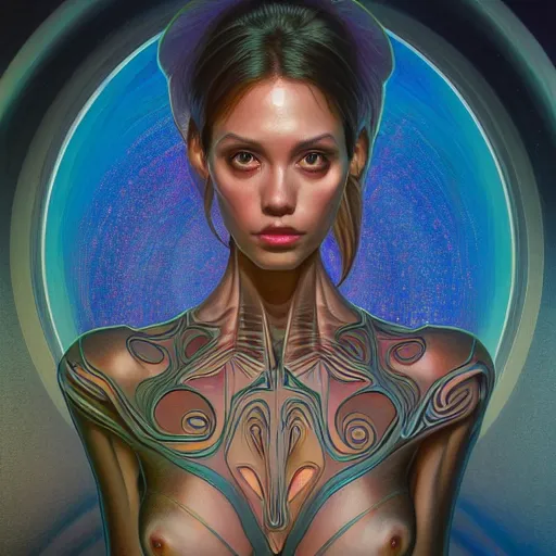 Prompt: wide angle full body portrait of an alien female, with a perfect face and perfect body, thin waist, intricate, single face, psychedelic background, highly detailed, digital painting, artstation, concept art, smooth, sharp focus, illustration, Unreal Engine 5, 8K, art by artgerm and greg rutkowski and alphonse mucha