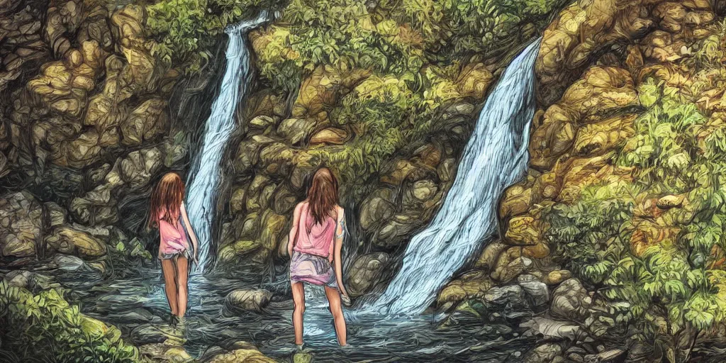 Image similar to girl looking at a waterfall, superwide angle, intricate, highly detailed, illustration, art by Leon Bosko