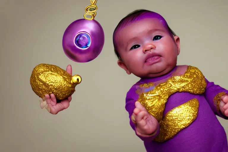 Prompt: baby thanos waving a golden rattle with colored gems