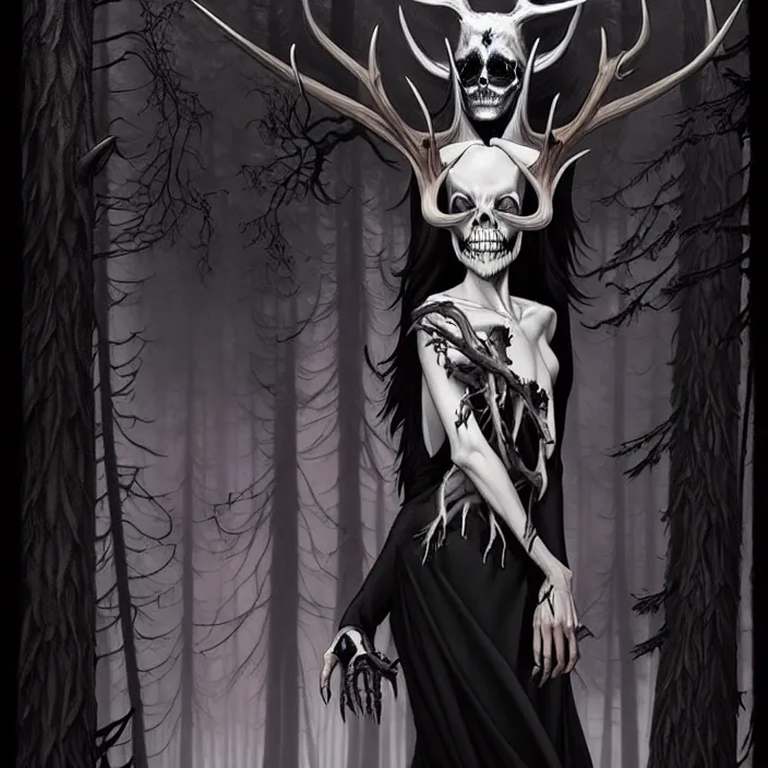 Image similar to style artgerm, joshua middleton, diego fazio, gerald brom : : scary wendigo with antlers and skull face mixed with werewolf : : [ beautiful witch wearing a black dress, symmetrical face, on the right side ] : : in the forest, detailed, dark and foggy, cinematic lighting