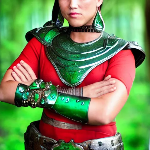 Prompt: full shot photo of a female warrior with malachite armor