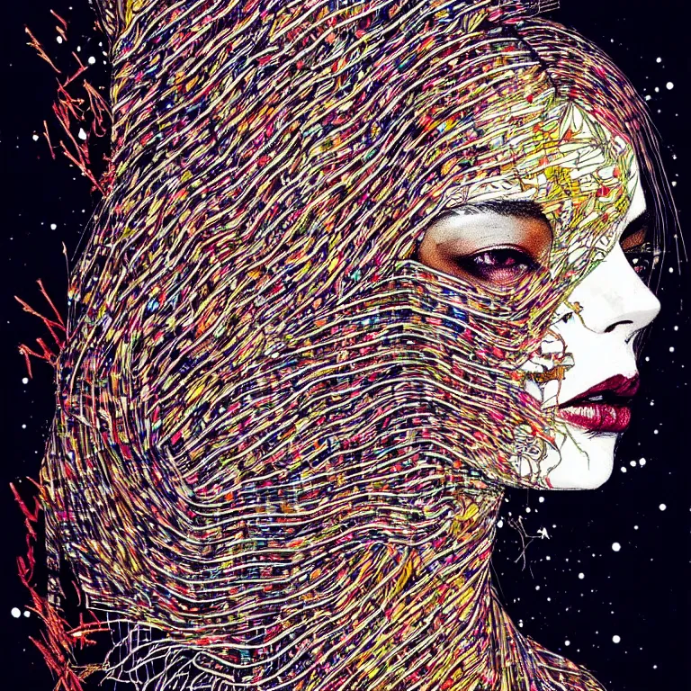 Image similar to nights falling wind is blowwing snow is pilling concept art in style of el anatsui and carne griffiths artwork by xsullo