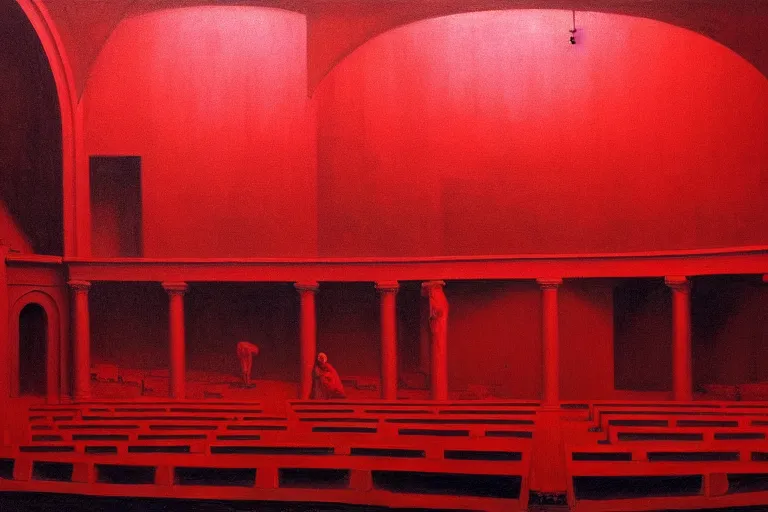 Image similar to only with red, crowd screaming, an exposed picture in a roman theater, in the style of beksinski, parts by edward hopper, parts by rodcenko, parts by yue minjun, intricate and epic composition, red by caravaggio, insanely quality, highly detailed, masterpiece, red light, artstation, 4 k