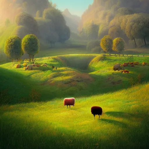 Image similar to sheep in pastoral scene, verdant valley, splendor, by gediminas pranckevicius