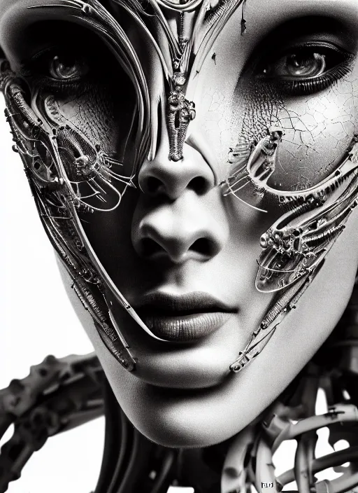 Prompt: a beautiful glamour intricate bio - mechanical feminine profile face with long neck, by giger, glamor shot, tri - x 1 0 0 tx, closeup, blur effect, 1 6 k, rim lights, rembrandt lighting, reflective, insanely detailed and intricate, hypermaximalist, elegant, ornate, hyper realistic, super detailed