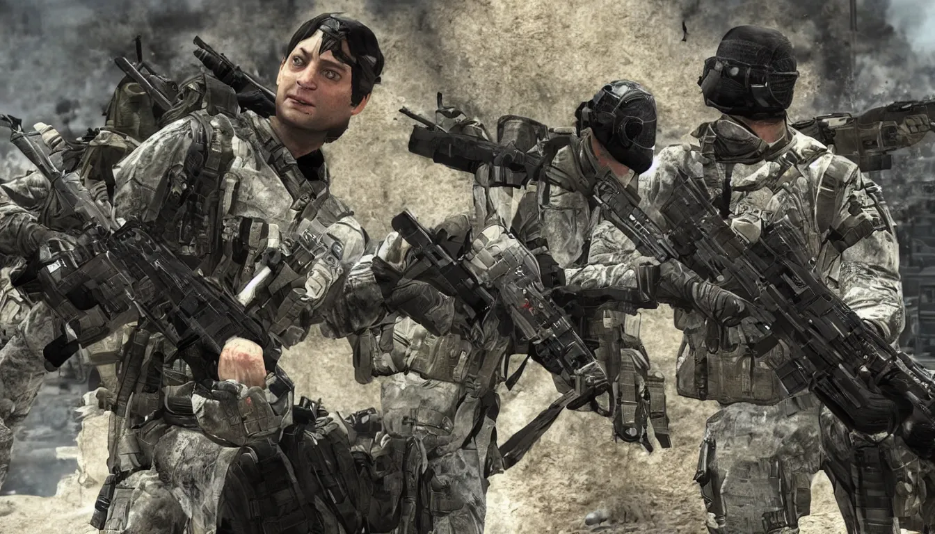 Image similar to Tobey Maguire in Call Of Duty, in-game screenshot, stunning screenshot, epic, intricate, accurate, cool, trending,