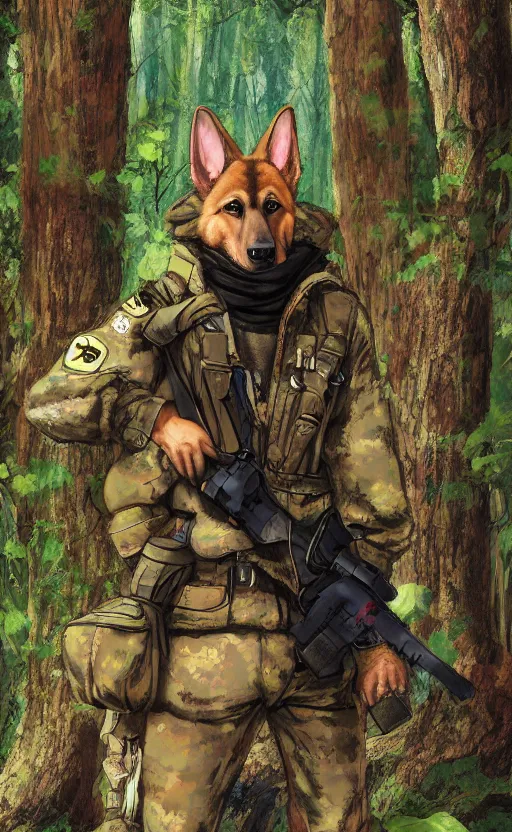 Image similar to close up character portrait icon of the german shepard military uniform head animal person fursona wearing clothes standing in the bright forest, hidari, color page, tankoban, 4 k, tone mapping, akihiko yoshida