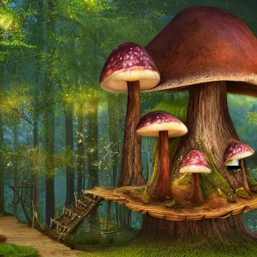 Image similar to Mushroom treehouse, fairy, magical, mystical, realistic, 4k