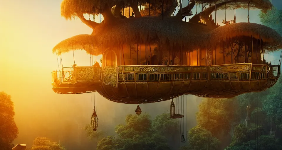 Image similar to A scene from a 2022 fantasy film featuring a cozy art nouveau reading nook inside a fantasy treehouse city. Suspended walkways. Disorganized ancient books. Golden Hour. 8K UHD.