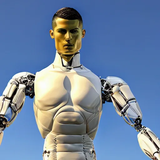 Image similar to a realistic detailed photo of a guy who is an attractive humanoid who is half robot and half humanoid, who is a male android, soccer player cristiano ronaldo, shiny skin, posing like a statue, blank stare, by the pool, on display, showing off his muscles, humanoid robot, mannequin challenge