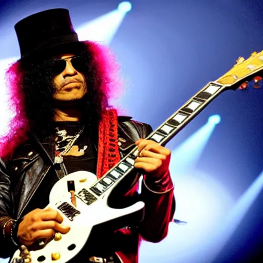 Image similar to A very cool picture of Slash from Guns n’ Roses playing guitar on his Les Paul