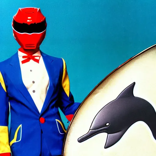 Image similar to a photograph of a super sentai Ranger wearing a dolphin themed blue and white suit, 80s aesthetic